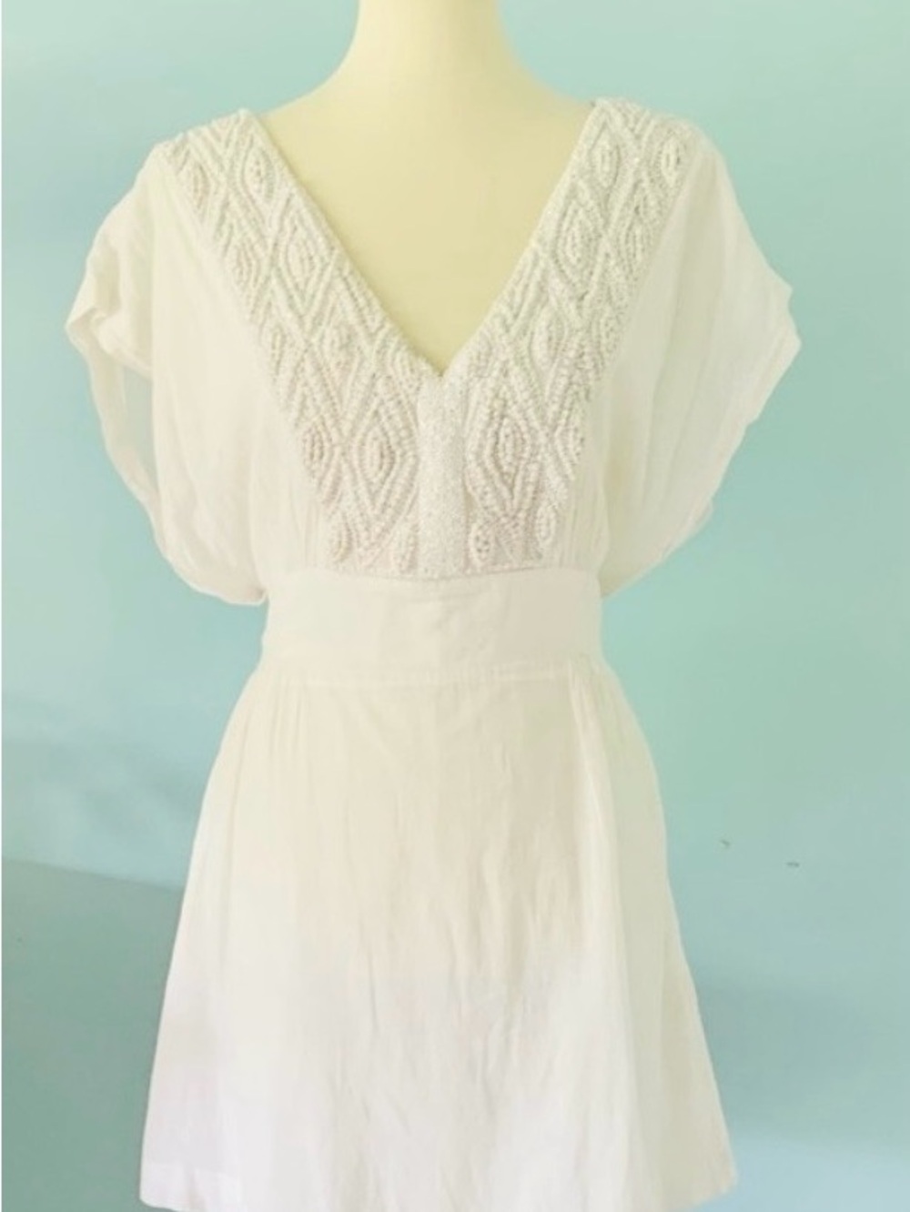 Calypso St. Barth White Beaded V-Neck Silk Mini Dress  # resort